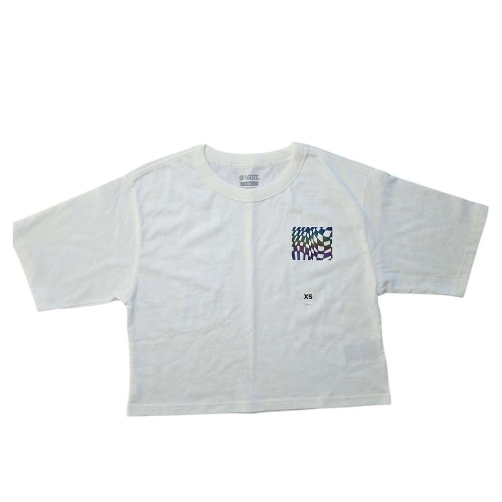 Vans Women White Organic Cotton Cropped T-Shirt Iridescent Checkerboard XS